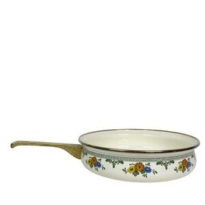Vintage Enamelware Floral Frying Pan Brass Handle 10"